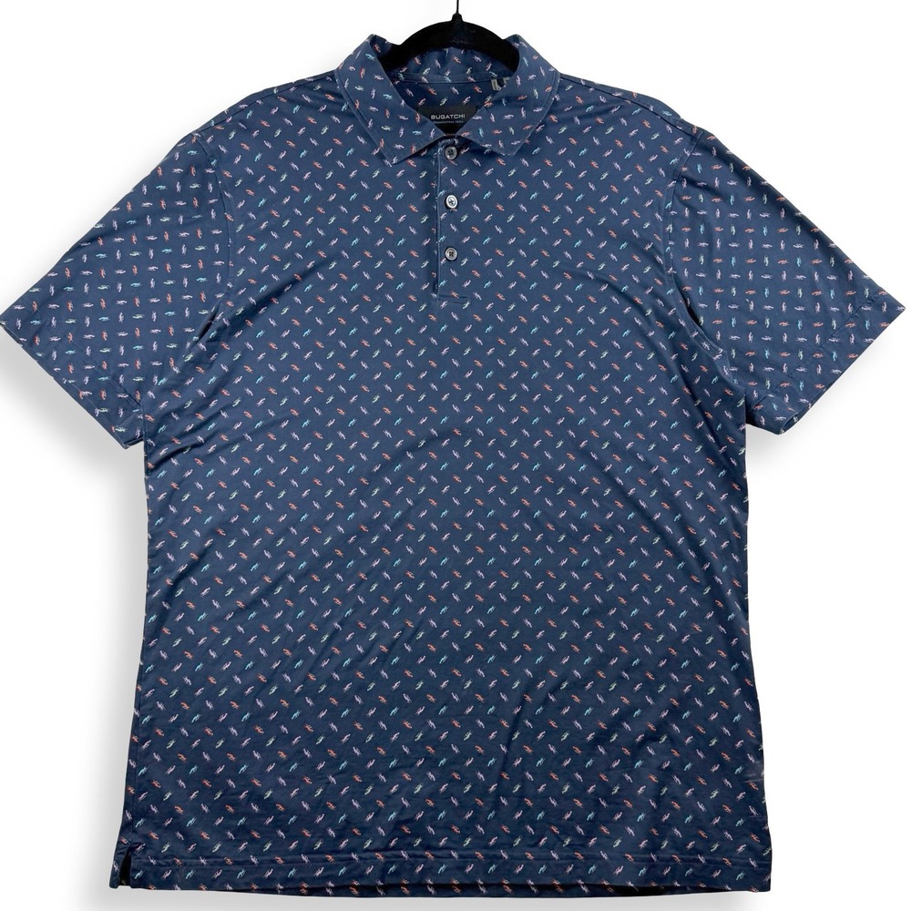 Bugatchi OoohCotton Tech Mens M Navy Sports Car Print Polo 8 Way Stretch